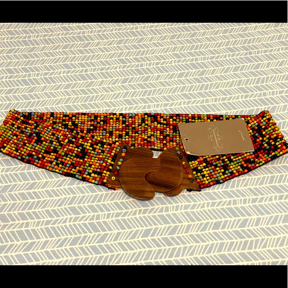 Anthropologie Beaded Stretch Belt w/ Wooden Clasp